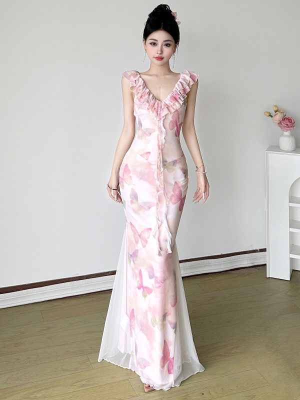 Low-Neck Fitted Butterfly Long Dress with Mesh Splicing for Women - Vacation Style Floral Dress, Y2K Inspired