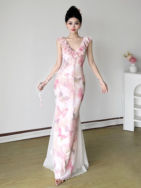 Low-Neck Fitted Butterfly Long Dress with Mesh Splicing for Women - Vacation Style Floral Dress, Y2K Inspired