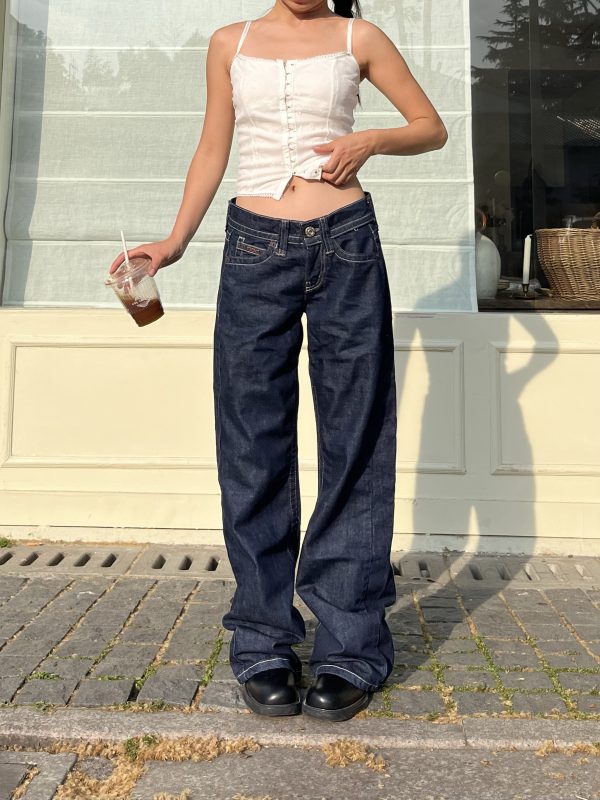Low-Waist Slim Fit Y2K Vintage Straight Leg Denim Pants for Women with Bright Line Embroidery 90s American Style