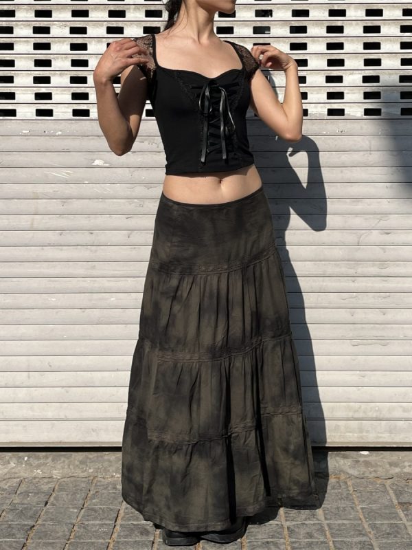 Low-Waist Tie-Dye Lace Spliced Cake Skirt - Versatile Loose Long Skirt for Women - Vintage Y2K Style
