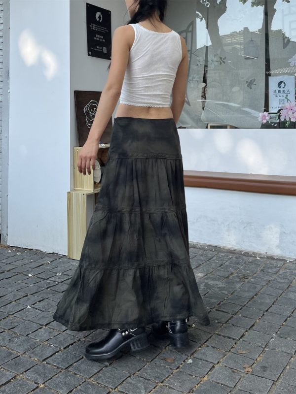 Low-Waist Tie-Dye Lace Spliced Cake Skirt - Versatile Loose Long Skirt for Women - Vintage Y2K Style