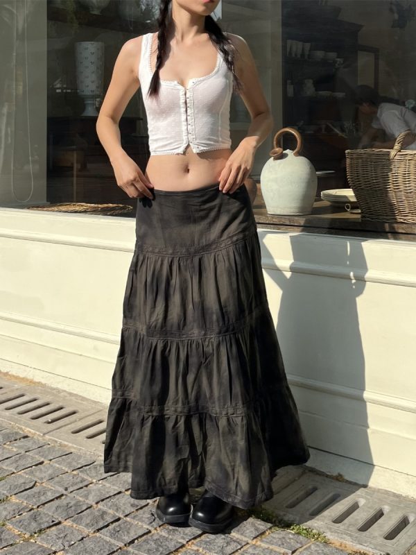 Low-Waist Tie-Dye Lace Spliced Cake Skirt - Versatile Loose Long Skirt for Women - Vintage Y2K Style