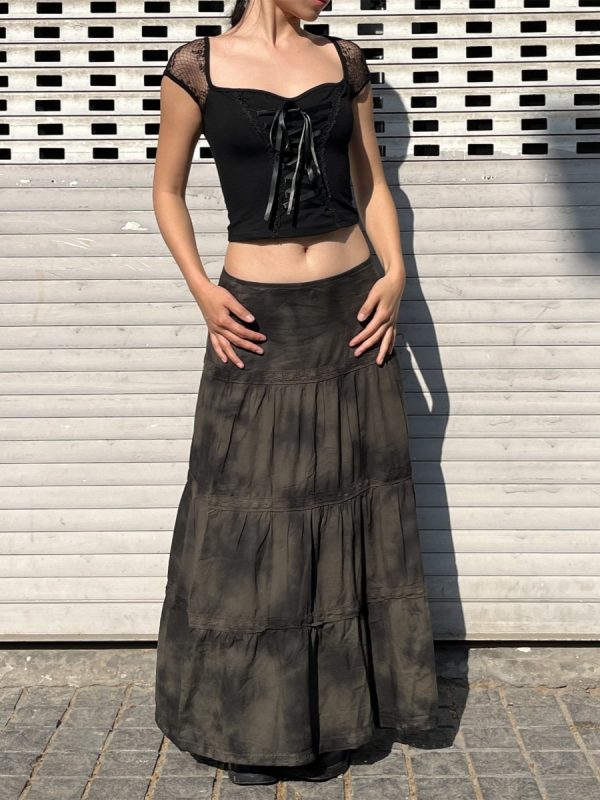 Low-Waist Tie-Dye Lace Spliced Cake Skirt - Versatile Loose Long Skirt for Women - Vintage Y2K Style