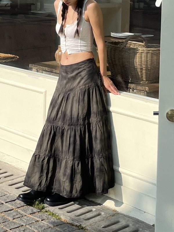 Low-Waist Tie-Dye Lace Spliced Cake Skirt - Versatile Loose Long Skirt for Women - Vintage Y2K Style