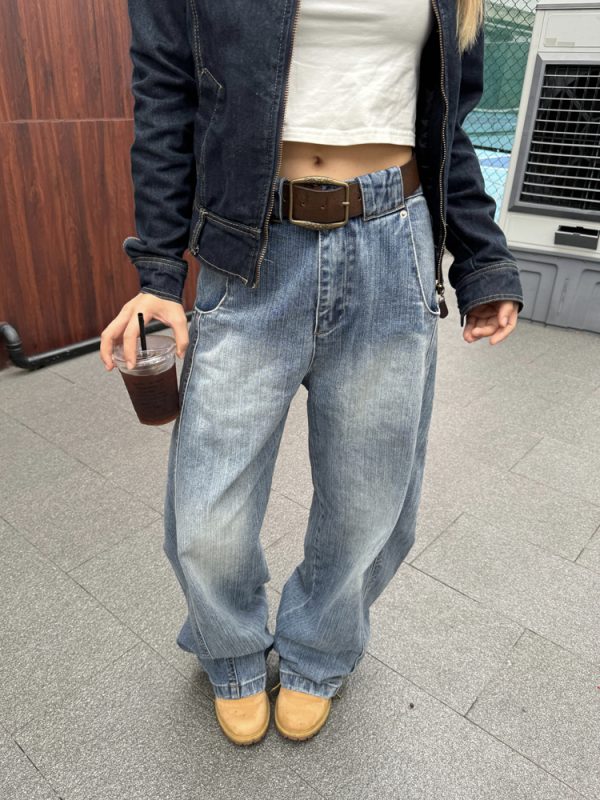 Men's and Women's American Retro Wide-Leg Jeans with Embroidered Design - Casual Loose Fit Long Pants
