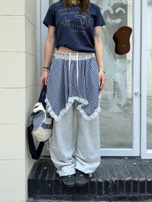 Men's and Women's Summer Plaid Sweatpants - Two-Piece Lace Splicing, Elastic Waist, Tapered Casual Pants, Y2K Style