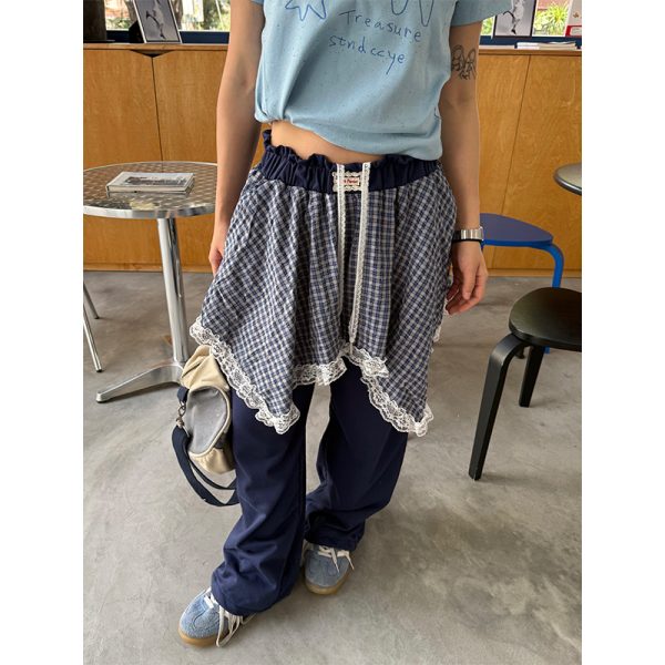 Men's and Women's Summer Plaid Sweatpants - Two-Piece Lace Splicing, Elastic Waist, Tapered Casual Pants, Y2K Style