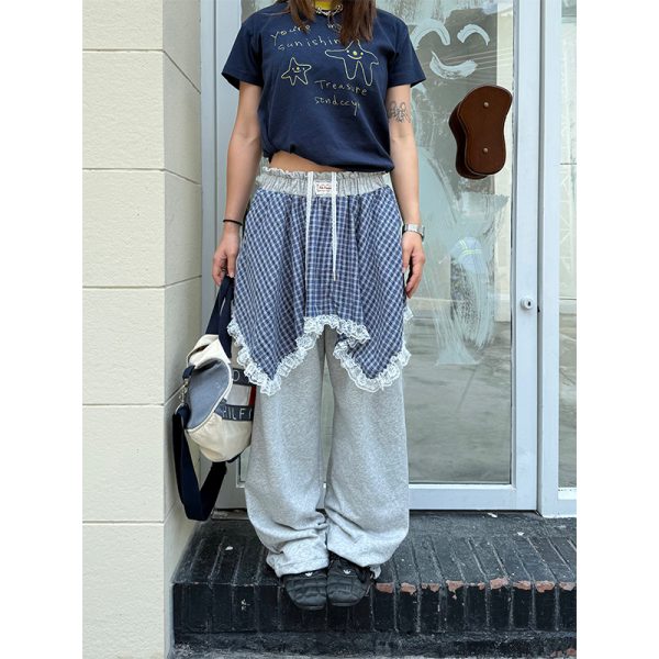 Men's and Women's Summer Plaid Sweatpants - Two-Piece Lace Splicing, Elastic Waist, Tapered Casual Pants, Y2K Style