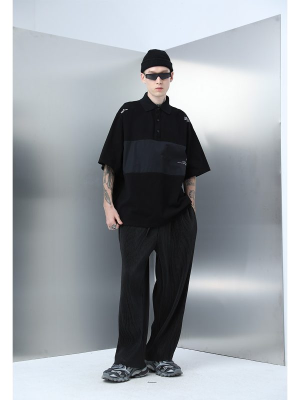 Men's Short Sleeve Polo Shirt - Nylon Spliced Layered Silhouette, Y2K Inspired Fashion