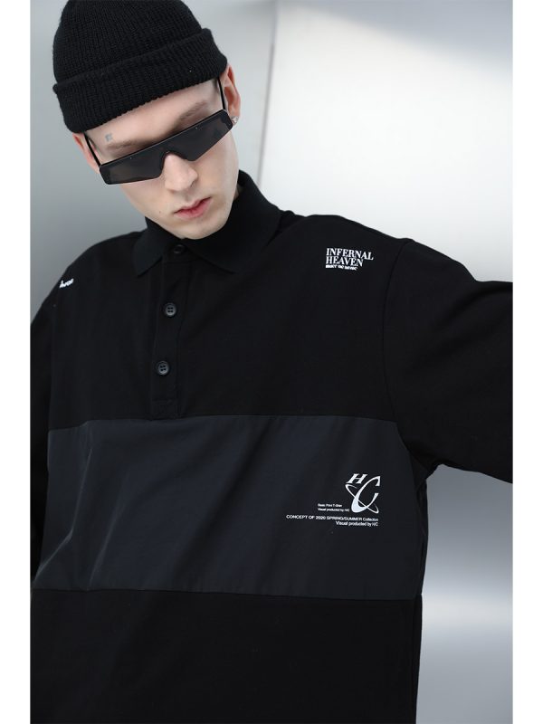 Men's Short Sleeve Polo Shirt - Nylon Spliced Layered Silhouette, Y2K Inspired Fashion
