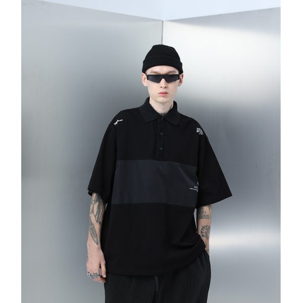 Men's Short Sleeve Polo Shirt - Nylon Spliced Layered Silhouette, Y2K Inspired Fashion