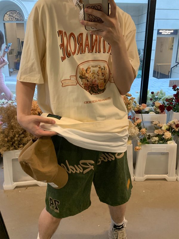 Men's Trendy Loose Casual Sports Shorts with Letter Print, Elastic Waist, Five-Point Design for Street Hip-Hop Style