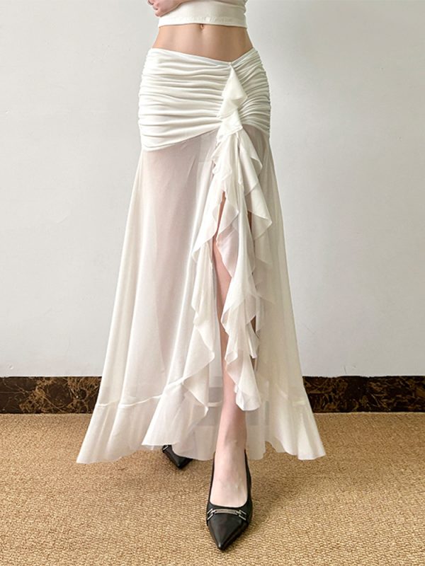 Mesh Spliced Ruffled Ribbon Split Hem Low-Waist Pleated Bodycon Long Skirt for Vacation Style and Effortless Elegance