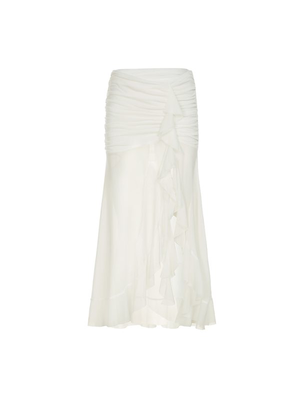 Mesh Spliced Ruffled Ribbon Split Hem Low-Waist Pleated Bodycon Long Skirt for Vacation Style and Effortless Elegance