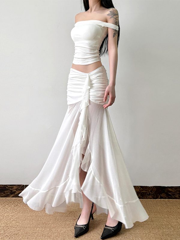 Mesh Spliced Ruffled Ribbon Split Hem Low-Waist Pleated Bodycon Long Skirt for Vacation Style and Effortless Elegance