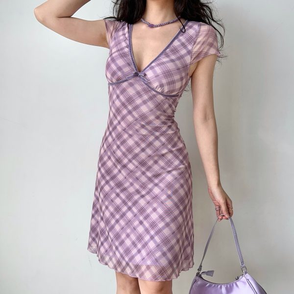 Mid-Length Deep V-Neck Plaid Mesh Dress - Sexy European & American Style Women's Vacation Dress, Perfect for 90s and Y2K Fashion