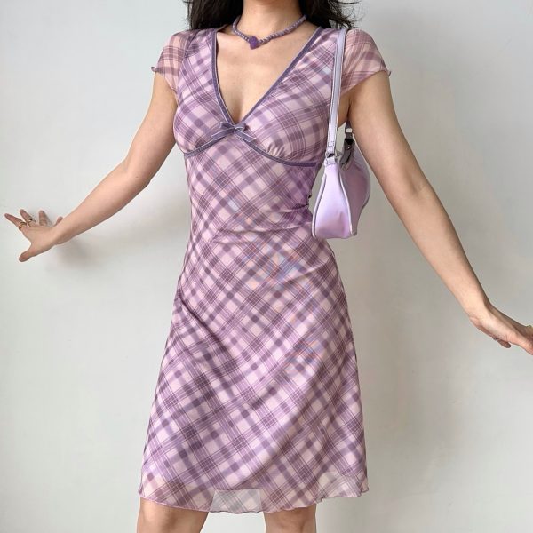 Mid-Length Deep V-Neck Plaid Mesh Dress - Sexy European & American Style Women's Vacation Dress, Perfect for 90s and Y2K Fashion