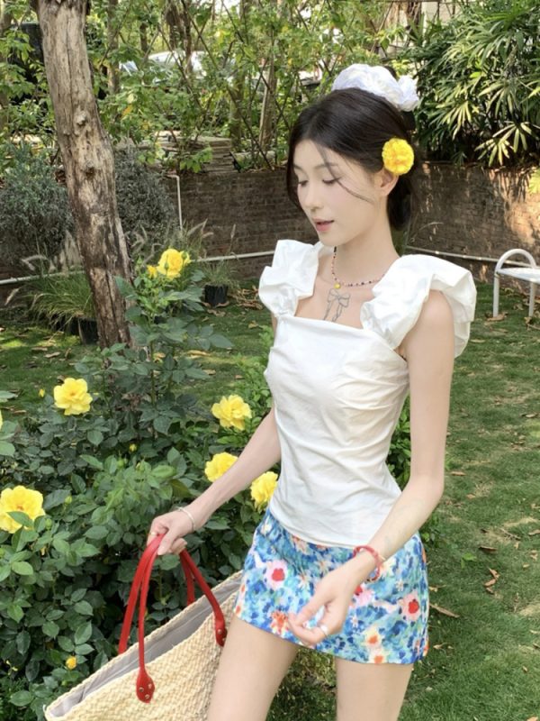 Midsummer Floral Oil Painting Frilled Bodycon Midi Skirt - Womenâ€™s Low Waist Vacation Skirt in Dopamine Colors