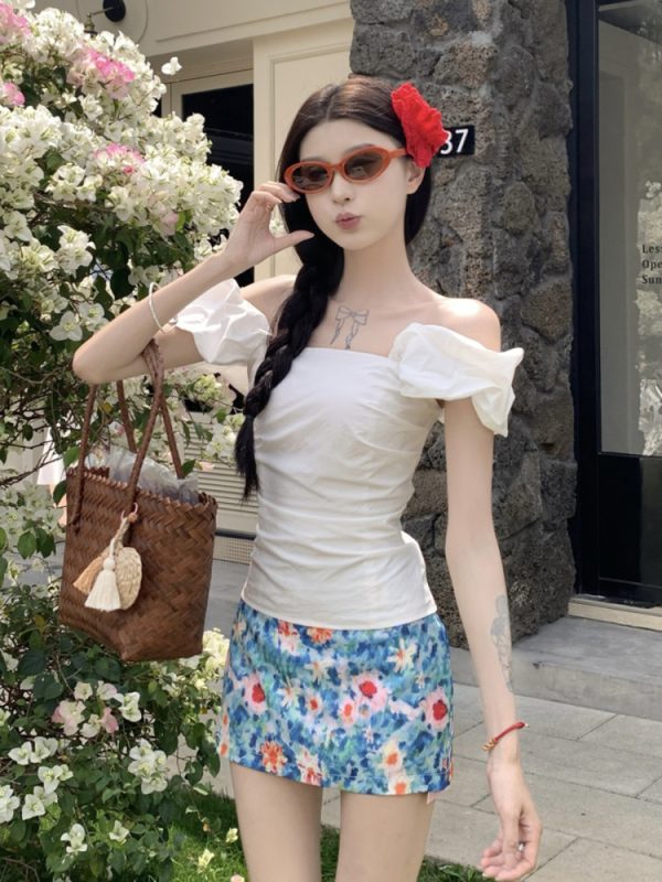 Midsummer Floral Oil Painting Frilled Bodycon Midi Skirt - Womenâ€™s Low Waist Vacation Skirt in Dopamine Colors