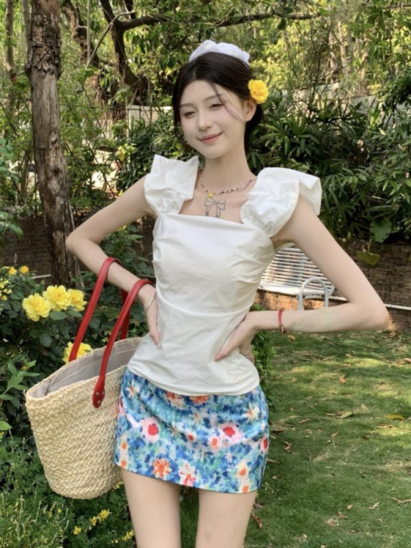 Midsummer Floral Oil Painting Frilled Bodycon Midi Skirt - Womenâ€™s Low Waist Vacation Skirt in Dopamine Colors