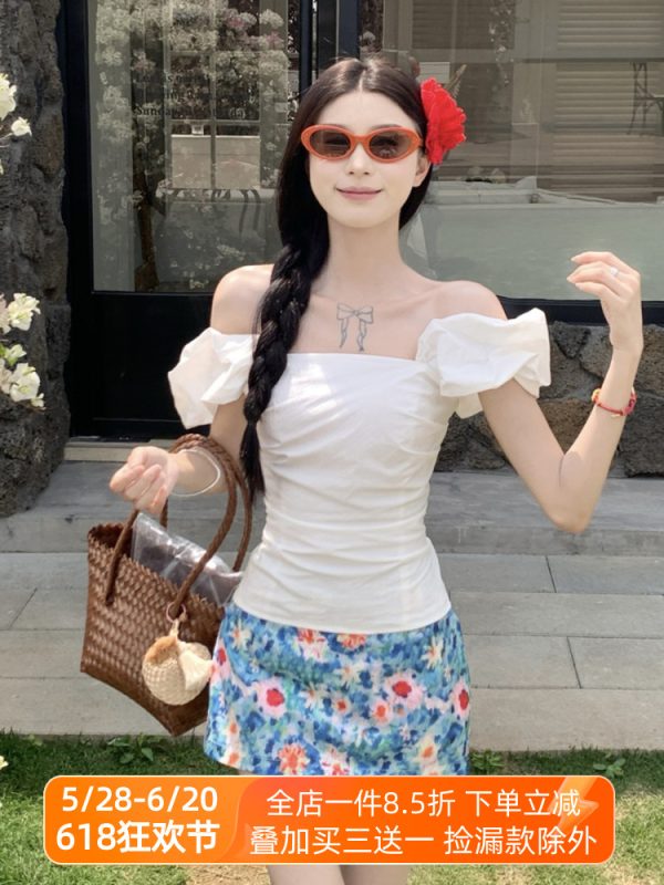 Midsummer Floral Oil Painting Frilled Bodycon Midi Skirt - Womenâ€™s Low Waist Vacation Skirt in Dopamine Colors