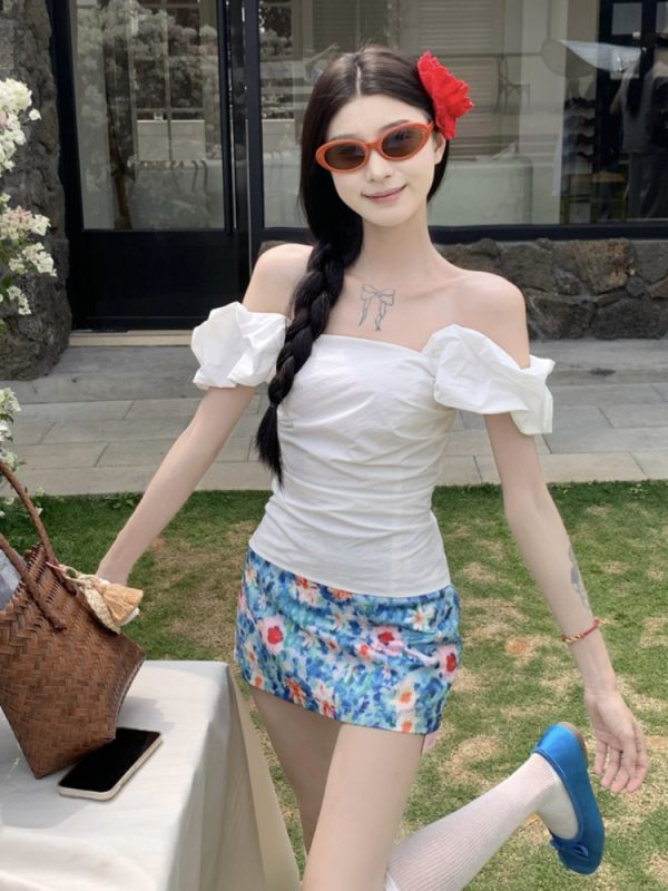 Midsummer Floral Oil Painting Frilled Bodycon Midi Skirt - Womenâ€™s Low Waist Vacation Skirt in Dopamine Colors