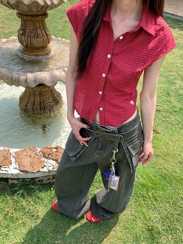 Minimalist American Red Plaid Collared Short Sleeve Shirt for Men and Women, Slim Fit, Spring/Summer Essential, Unisex Fashion