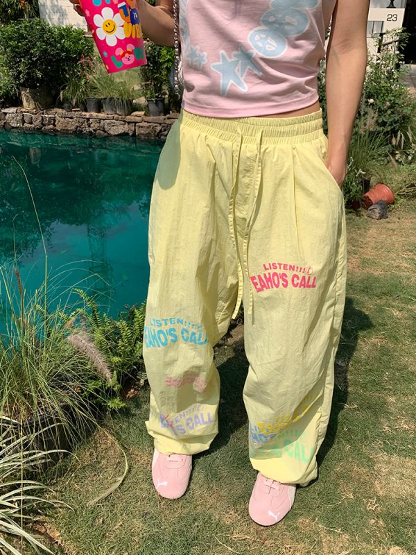 Minimalist Letter Print Drawstring Wide-Leg Pants for Men and Women - Casual Paratrooper Style, Slimming Long Pants