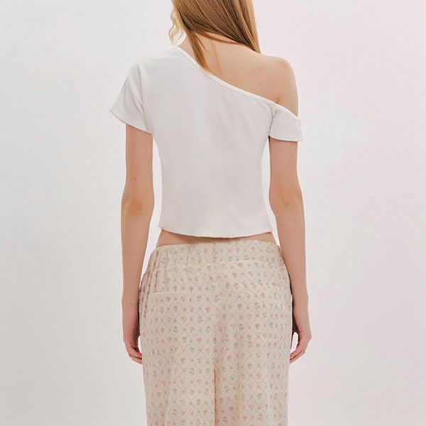 Minimalist Off-Shoulder Tulip Print Short Sleeve T-Shirt for Women - Summer Versatile Top, Trendy Y2K Style