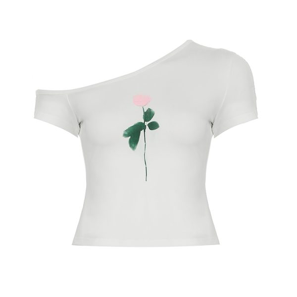 Minimalist Off-Shoulder Tulip Print Short Sleeve T-Shirt for Women - Summer Versatile Top, Trendy Y2K Style