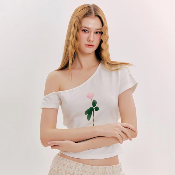 Minimalist Off-Shoulder Tulip Print Short Sleeve T-Shirt for Women - Summer Versatile Top, Trendy Y2K Style