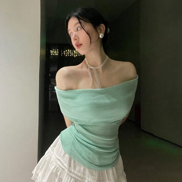 Minimalist One-Shoulder Top for Women, Slimming Pleated Short Sleeve, Fresh Solid Color Mesh T-Shirt, Y2K Fashion Style