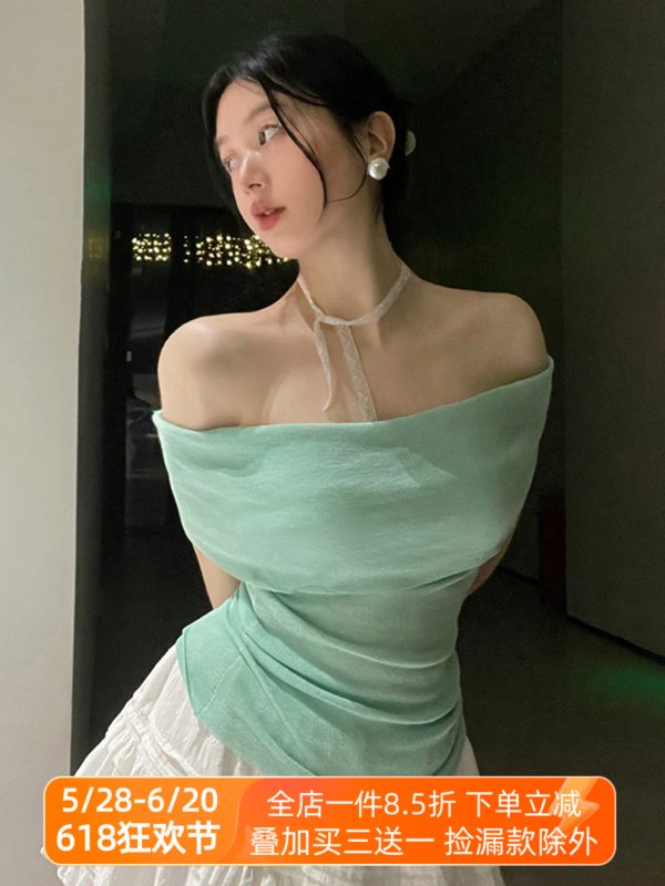 Minimalist One-Shoulder Top for Women, Slimming Pleated Short Sleeve, Fresh Solid Color Mesh T-Shirt, Y2K Fashion Style