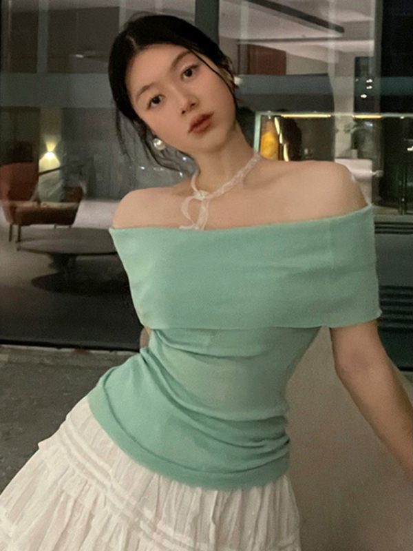 Minimalist One-Shoulder Top for Women, Slimming Pleated Short Sleeve, Fresh Solid Color Mesh T-Shirt, Y2K Fashion Style