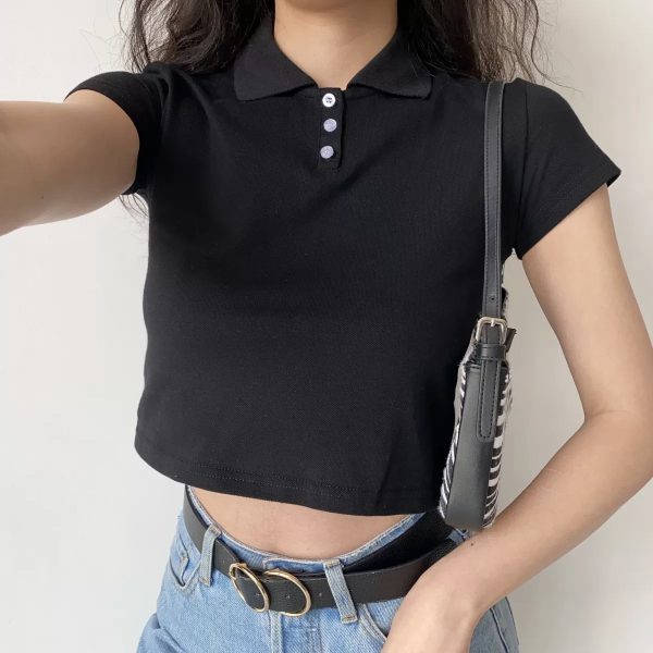 Minimalist Short-Sleeve Cropped T-Shirt for Women - European and American Style Small Lapel Pullover Top