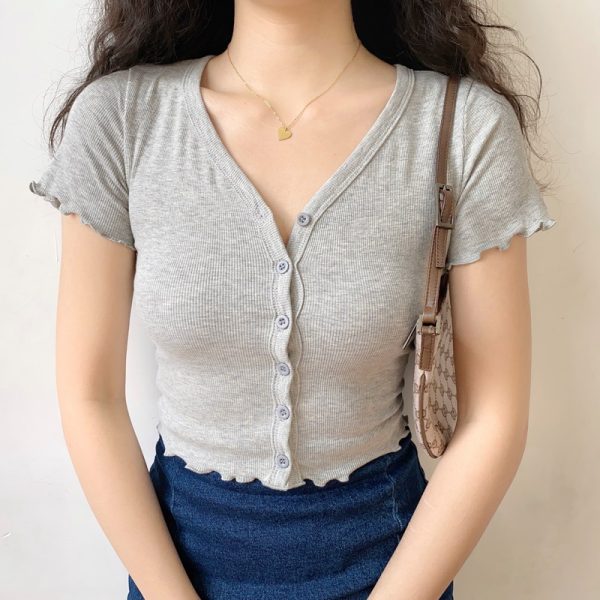 Minimalist Slim-Fit V-Neck Ruffled Short Sleeve T-Shirt Women's Cardigan - European American Style, Casual Chic, Perfect for Y2K Fashion