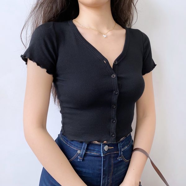 Minimalist Slim-Fit V-Neck Ruffled Short Sleeve T-Shirt Women's Cardigan - European American Style, Casual Chic, Perfect for Y2K Fashion