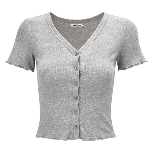 Minimalist Slim-Fit V-Neck Ruffled Short Sleeve T-Shirt Women's Cardigan - European American Style, Casual Chic, Perfect for Y2K Fashion
