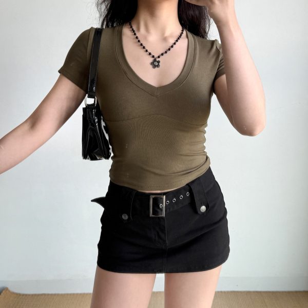 Minimalist Solid Color V-Neck Short Sleeve T-Shirt for Women - Summer Slim Fit Top, European & American Style, Casual Chic Fashion