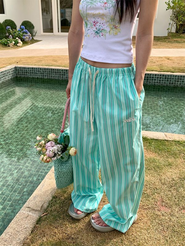 Minimalist Striped Drawstring Wide-Leg Pants for Men and Women, Loose Fit, Versatile and Slimming, Casual 90s Style Trousers