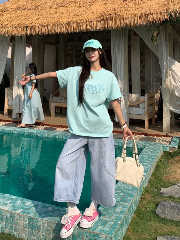 Mint Green Embroidered Short Sleeve T-Shirt for Women - 2025 Summer Lazy Loose Versatile Top - Y2K Style
