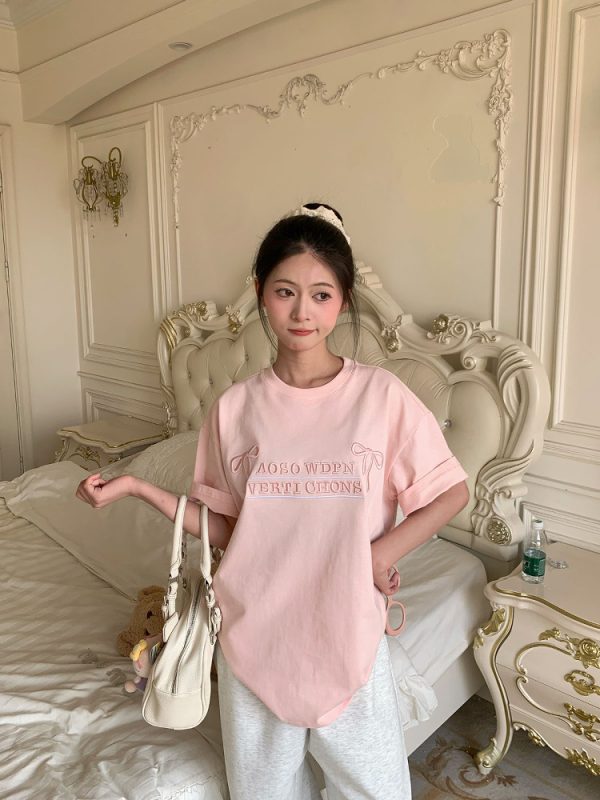 Mint Green Embroidered Short Sleeve T-Shirt for Women - 2025 Summer Lazy Loose Versatile Top - Y2K Style