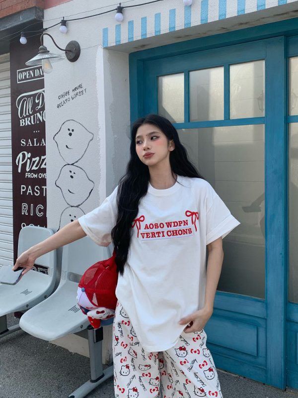 Mint Green Embroidered Short Sleeve T-Shirt for Women - 2025 Summer Lazy Loose Versatile Top - Y2K Style