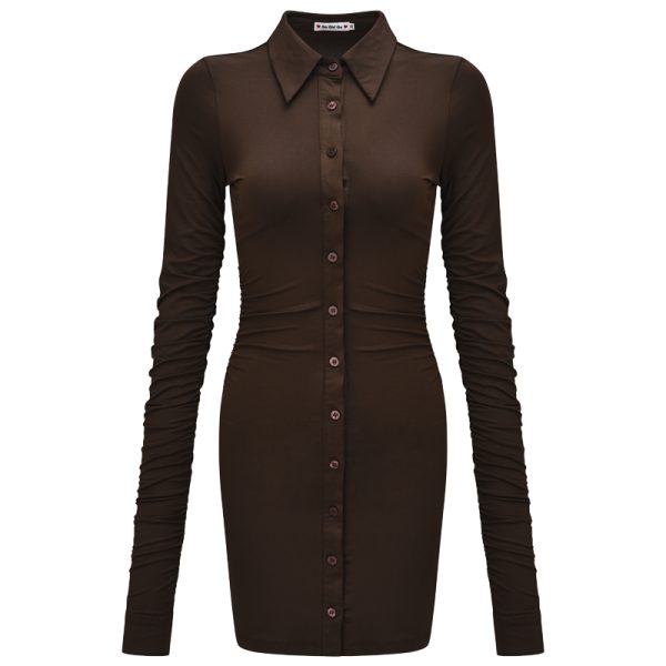 Mocha Brown Lapel Ultra-Long Sleeve Pleated Dress for Women - Slim Fit Bodycon Mini Skirt, European American Style, Y2K Fashion