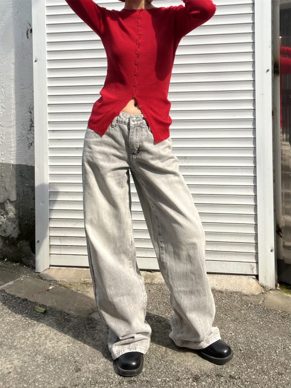 Mocha Gray Pear-Shaped Loose Versatile Straight Low-Rise Wide-Leg Jeans for Women - American Style Fashion 2025