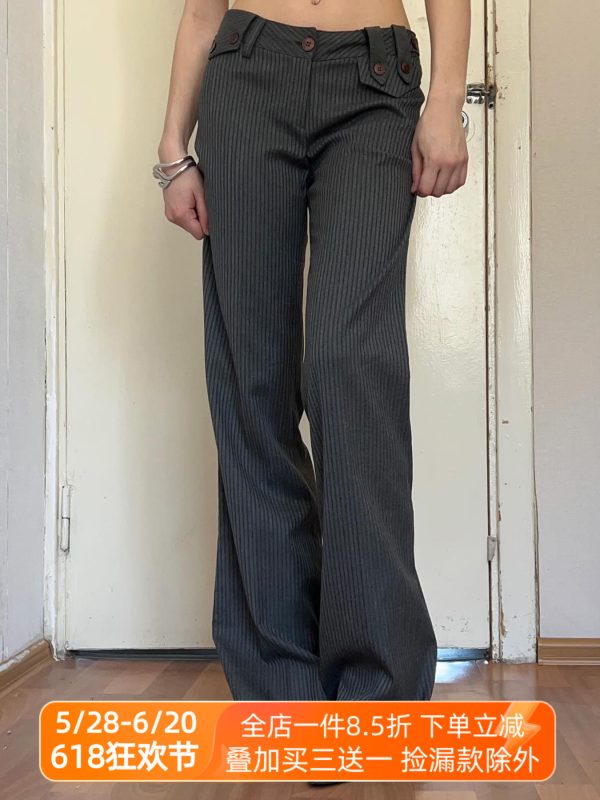 Modern Vintage Retro Low-Waist Striped Suit Pants for Women, Casual Straight-Leg Trousers, 90s Inspired Fashion