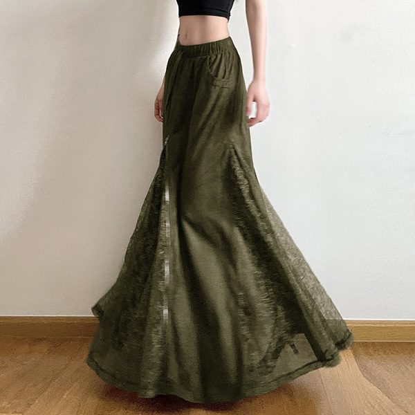 Moss Green Retro Vintage Zipper Spliced Lace A-Line Midi Skirt - 90s Inspired Niche Long Skirt for Unique Style