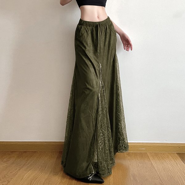 Moss Green Retro Vintage Zipper Spliced Lace A-Line Midi Skirt - 90s Inspired Niche Long Skirt for Unique Style