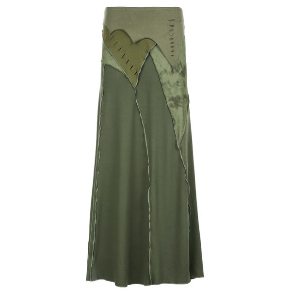 Moss Green Retro Vintage Zipper Spliced Lace A-Line Midi Skirt - 90s Inspired Niche Long Skirt for Unique Style