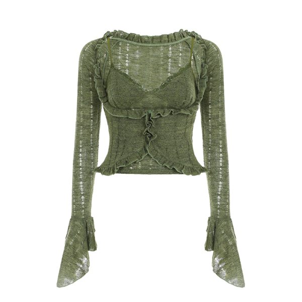 Moss Green Retro Vintage Zipper Spliced Lace A-Line Midi Skirt - 90s Inspired Niche Long Skirt for Unique Style